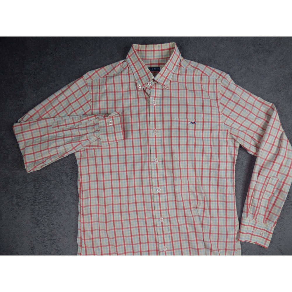 Fish Hippie Mens Tailored Fit Plaid Button Down Shirt Red Blue Tan Size M